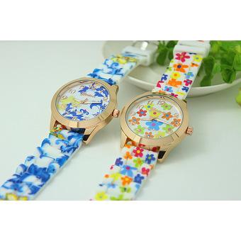 Yika Flower Chic Fashion Crystal Jelly Gel Silicon Girl Women's Quartz Wrist Watch (Blue+Yellow) (Intl)  