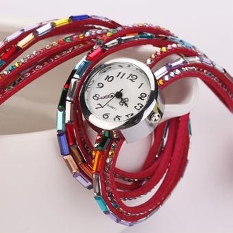 Yika Hot Fashion Women Retro Beads Synthetic Leather Strap Watch Bracelet Wristwatch(Red) (Intl)  