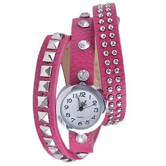 Yika Hot Fashion Women Retro Rivet Synthetic Leather Strap Watch Bracelet Wristwatch(RoseRed) (Intl)  