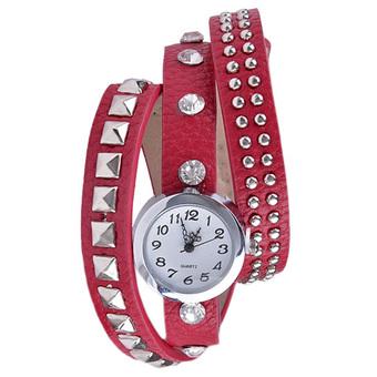 Yika Hot Fashion Women Retro Rivet Synthetic Leather Strap Watch Bracelet Wristwatch(Red) (Intl)  