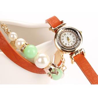 Yika Hot Fashion Women Retro Synthetic Leather Strap Watch Beads Bracelet Wristwatch(Orange) (Intl)  