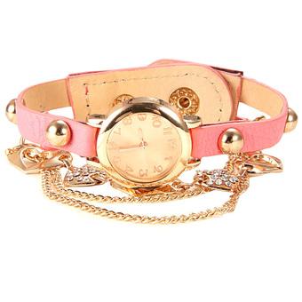 Yika Hot Women Faux Leather Strap Round Dial Quartz Watch Heart Chain Bracelet Wrist Watch (Pink) (Intl)  