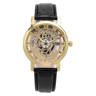 Yika Men Hollow Carve Leather Band Strap Watch (Coffee Gold) (Intl)  