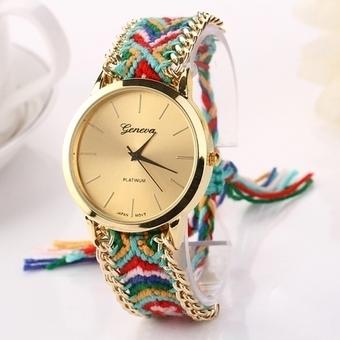 Yika New Fashion Ethnic Style Lady Women's Knit Quartz Bracelet Wristwatch (Red and Green) (Intl)  