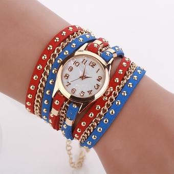 Yika New Fashion Women's Three Strap Chain Watch Wrap Circle Wristwatch(Red+Blue) (Intl)  