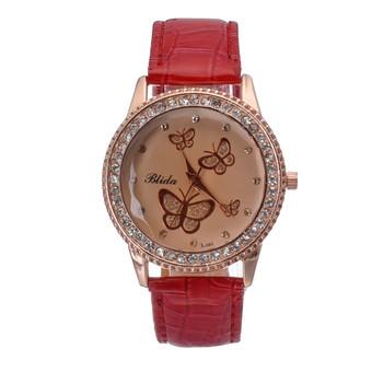 Yika Women Lady Golden Band Butterfly Bracelet Watches Quartz Rhinestone Wrist Watch (Red) (Intl)  