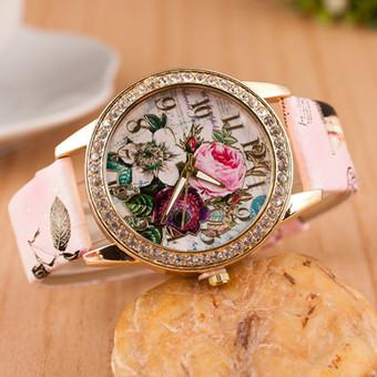 Yika Womens Wrist Watch Flower Rose Leather Crystal Casual Girl Watch (Pink) (Intl)  