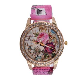 Yika Womens Wrist Watch Flower Rose Leather Crystal Casual Girl Watch (Rose Red) (Intl)  