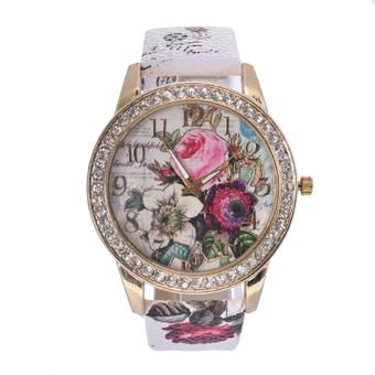 Yika Womens Wrist Watch Flower Rose Leather Crystal Casual Girl Watch (White) (Intl)  