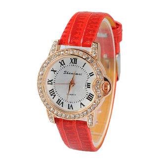 louiwill Womens Fashion Rhinestone Roman Numeral Dial Watches Faux Leather Wrist Quartz Watches (Red) (Intl)  